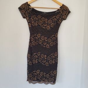 TRAC S Y2K Black Mesh Metallic Gold Floral Mini Dress 90s Stretch Whimsigoth